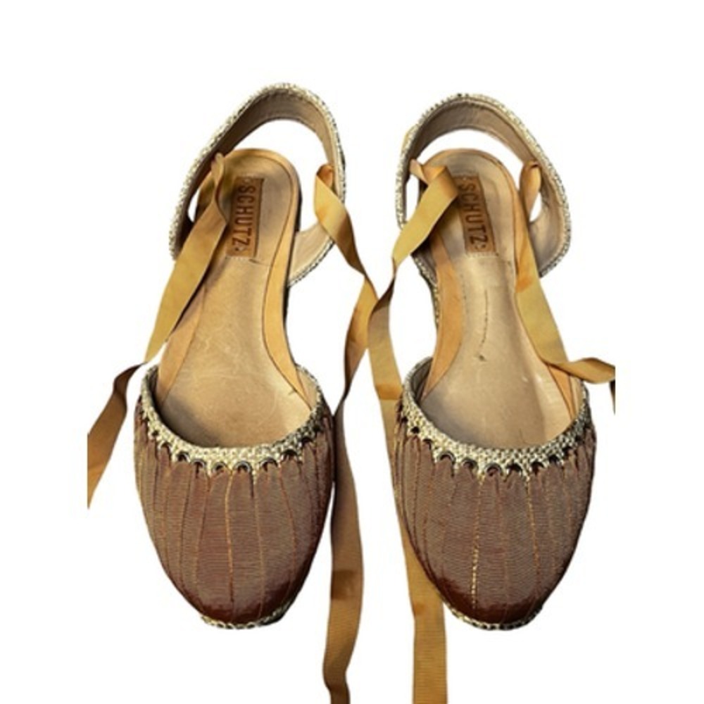 Schutz Espadrille Sandals Womens Size 10 Brown Ribbon Ankle Wrap Flat Tie Shoes